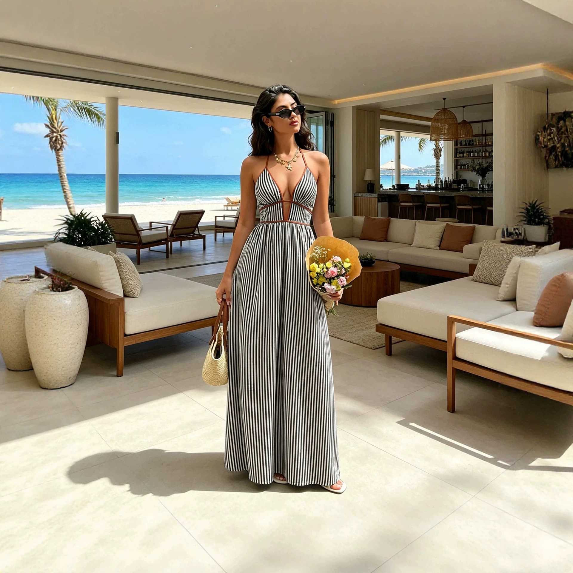 Women's Deep V-Neck Striped Sleeveless Maxi Dress
