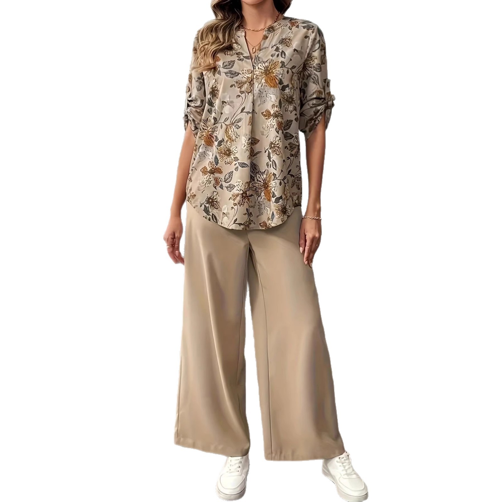 Khaki Floral Print High-Waist Wide-Leg Shirt and Pants Set