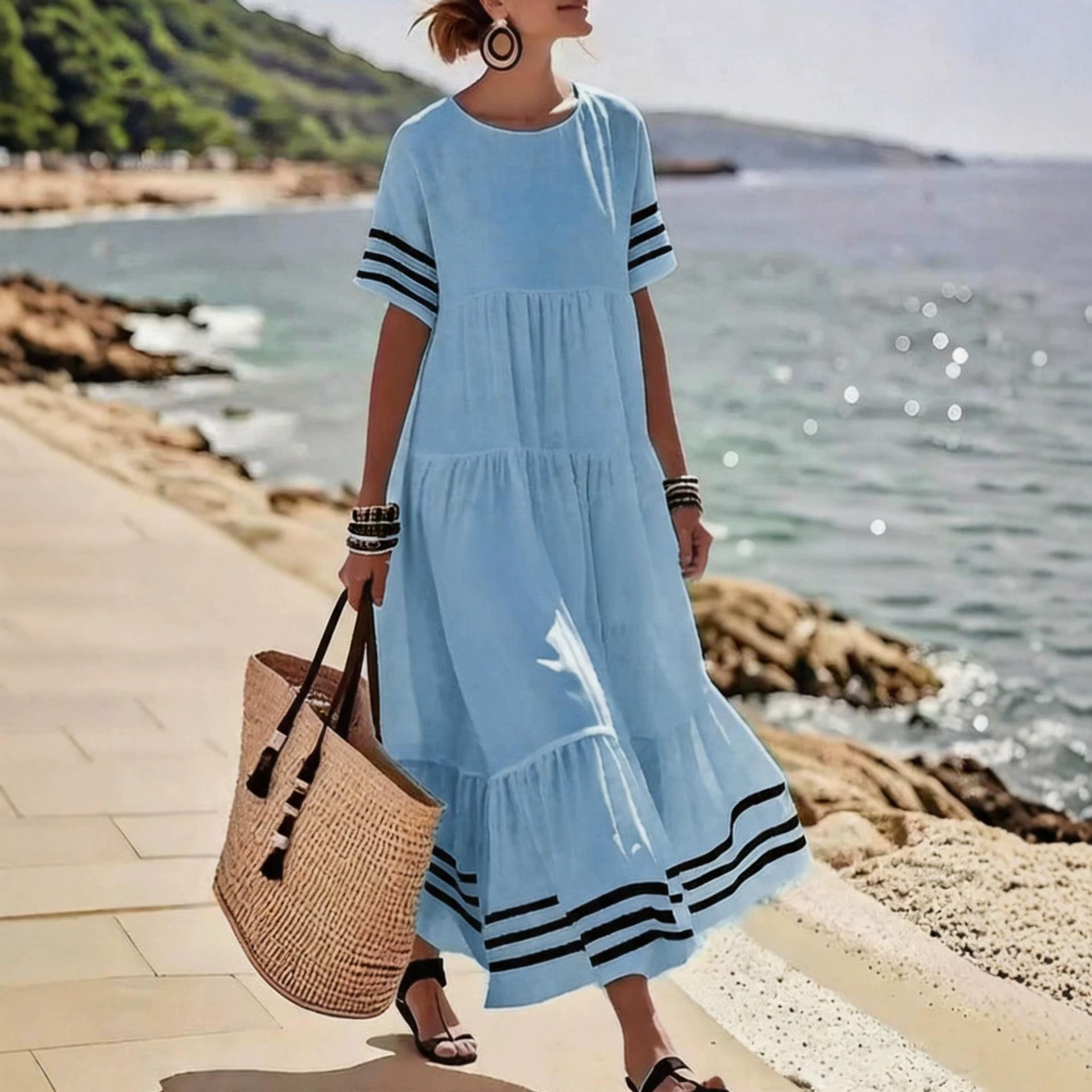 Women's Striped Round Neck Loose Long Dress Casual Vacation