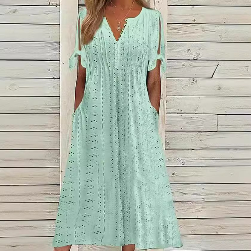Women's Casual Loose High Waist Embroidered Solid Color Dress
