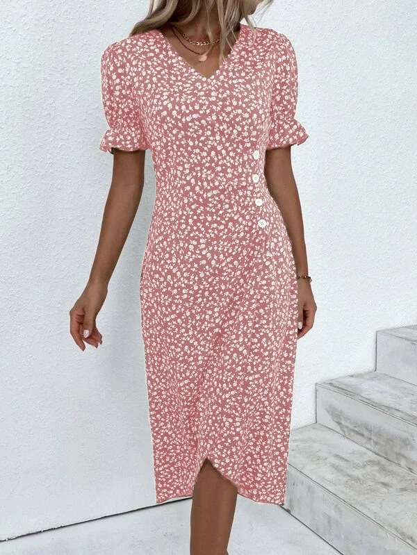 Geometric Patchwork Puff Sleeve Asymmetrical Hem Dress