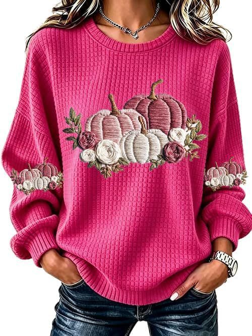 Ribbon Letter Print Crewneck Long Sleeve Waffle Sweatshirt for Women
