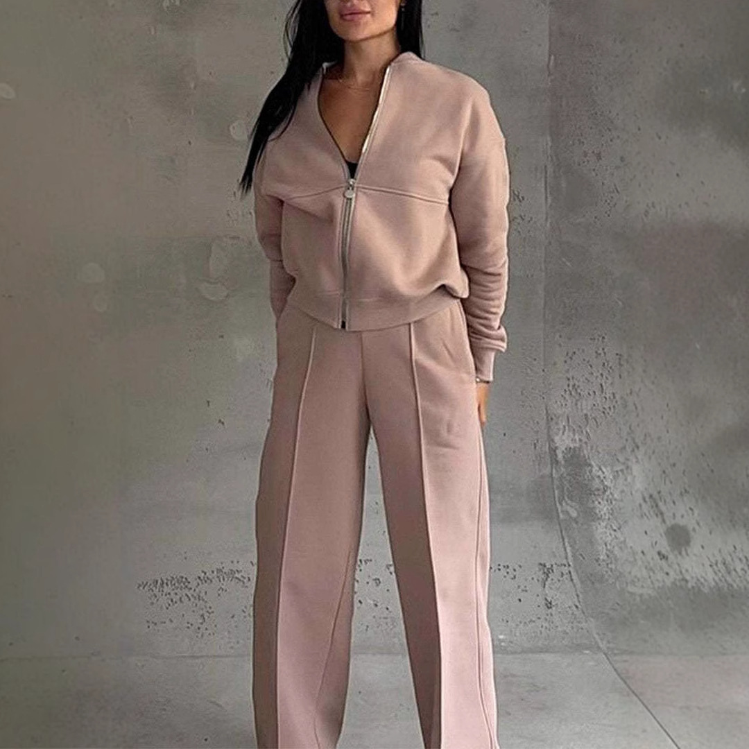 Women's Casual Zip Jacket & Wide-Leg Pants Two-Piece Set
