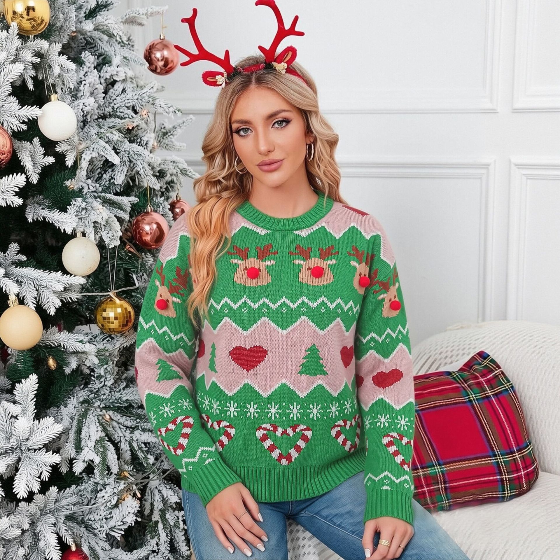 Christmas Reindeer Pullover Sweater Women's Loose Knit