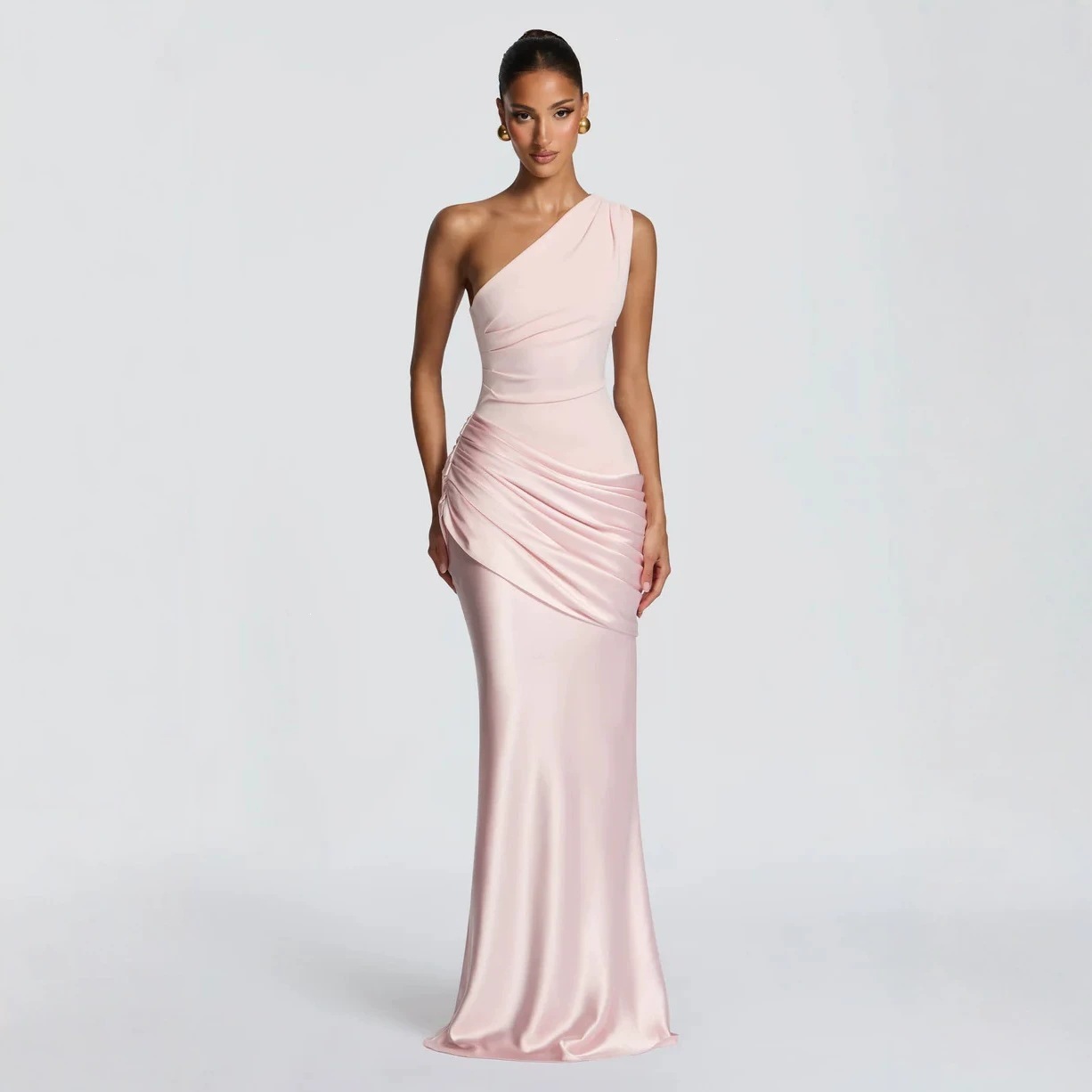 One-Shoulder Ruched Satin Bodycon Maxi Dress