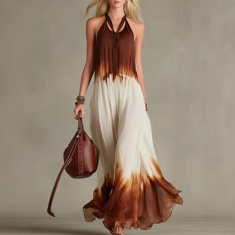 Retro Color-Block Ombre Silk Sleeveless Long Dress