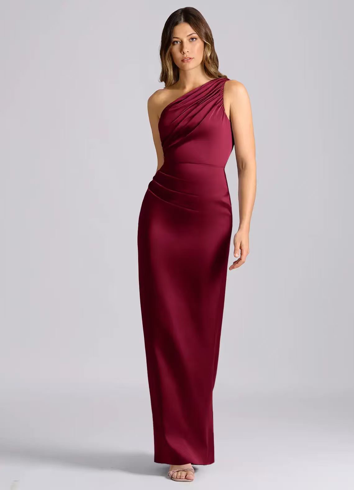 One-Shoulder Satin Evening Dress Asymmetric Long Gown