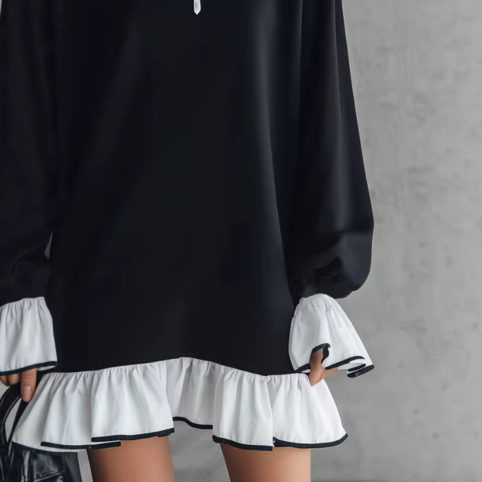 Women's Black Colorblock Ruffle Neck and Hem Mini Dress
