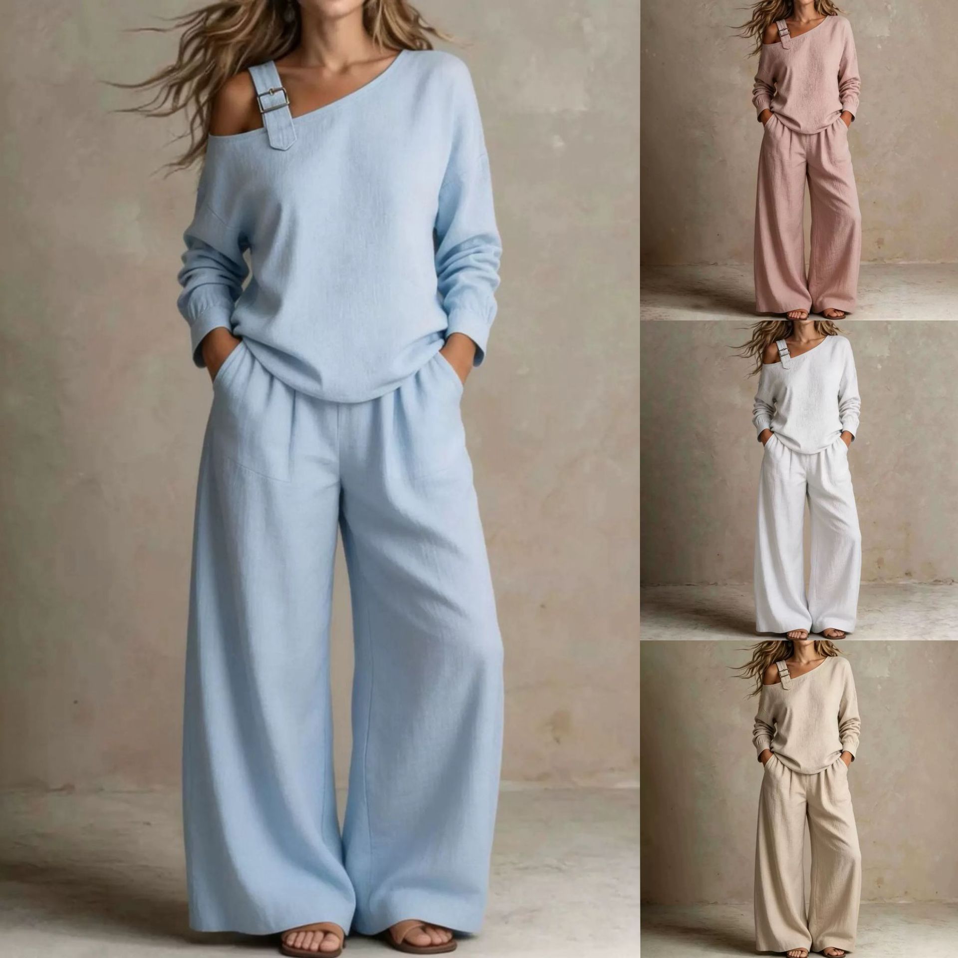 Women's Casual One-Shoulder Sweatshirt & Wide-Leg Pants Two-Piece Set