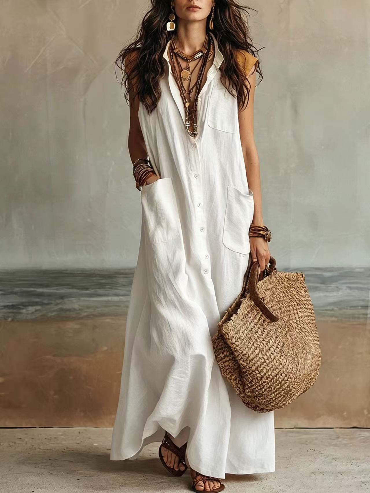 Women's Off-Shoulder Boho Shirt Dress Loose Fit Long Polyester