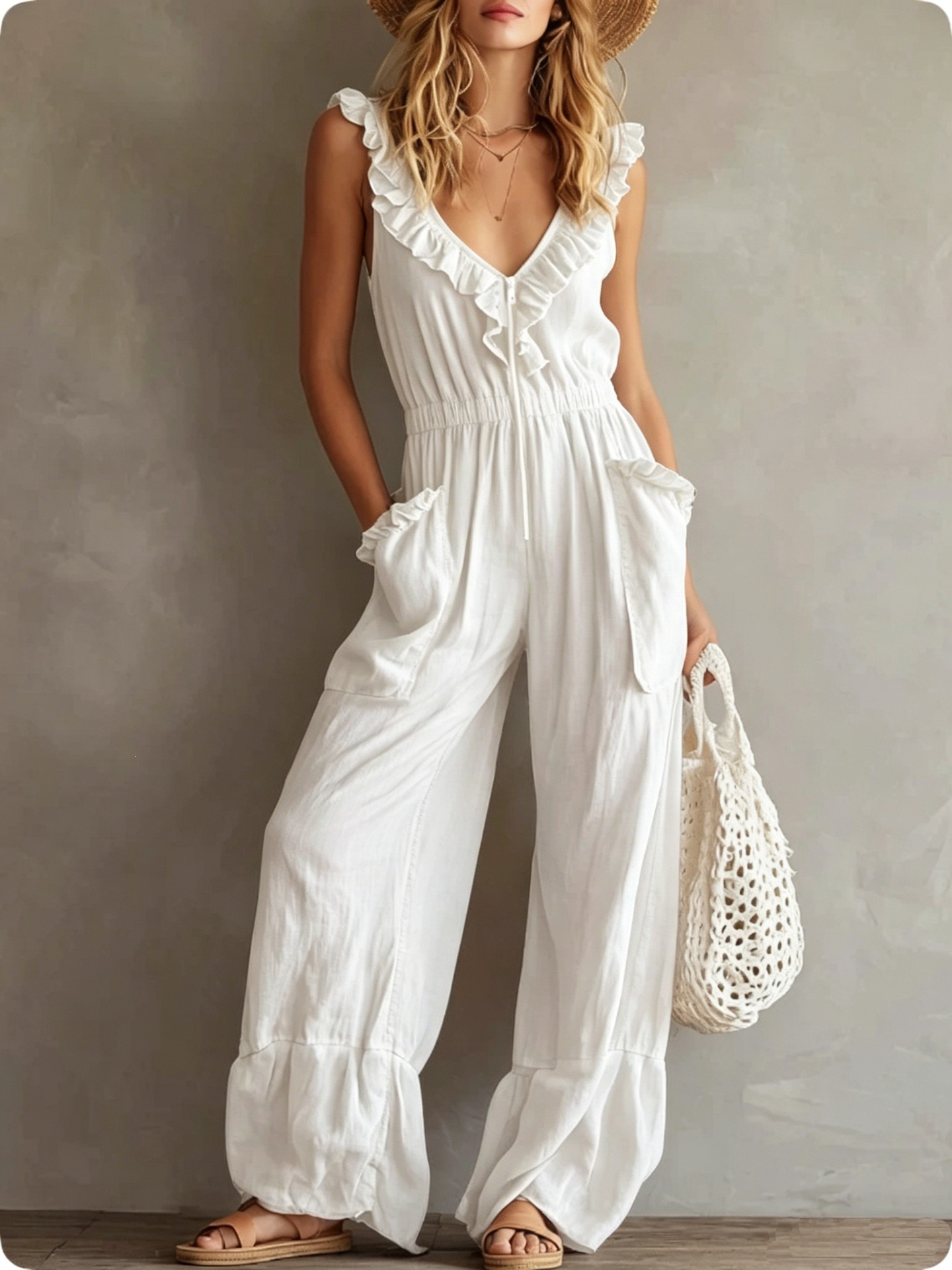 Bohemian V-Neck Ruffle Sleeveless Jumpsuit with Front Zip and Elastic Waist