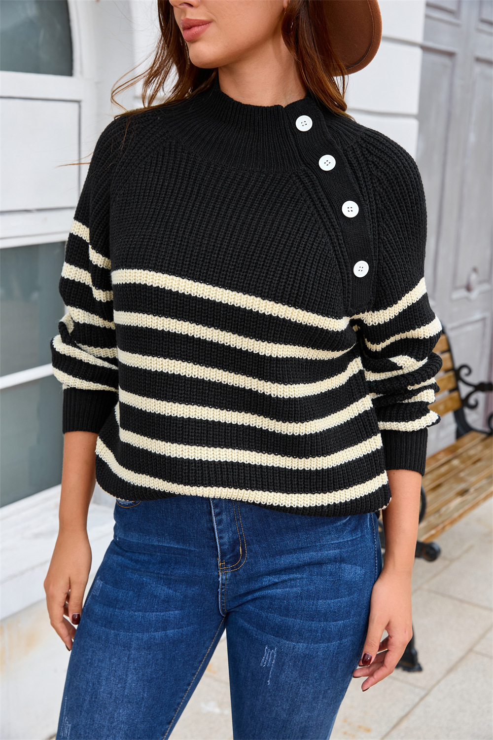 Striped Knit Pullover Sweater with Stand Collar Long Sleeve Loose Fit