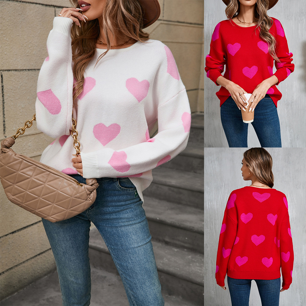 Plus Size Colorblock Heart Crewneck Pullover Sweater