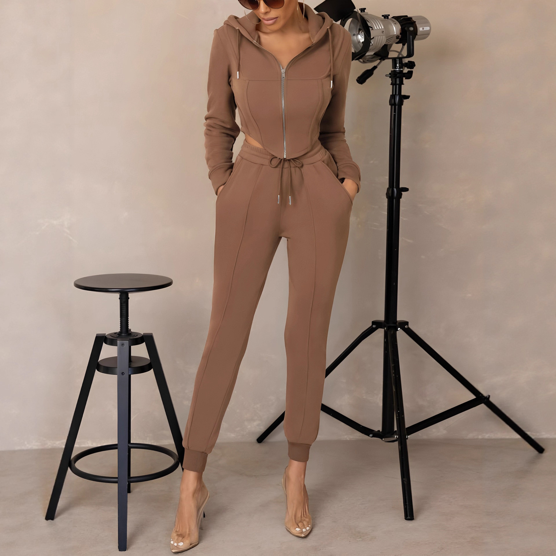 Women's Hooded Zip-Up Cropped Sweatshirt & Jogger Set
