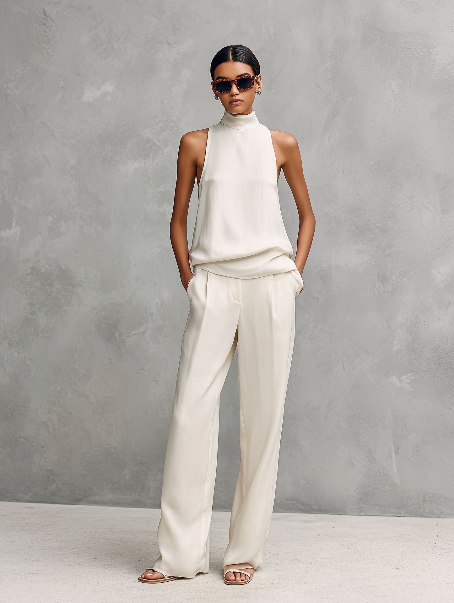 Women's Sleeveless High Neck Top & Wide Leg Pants Set