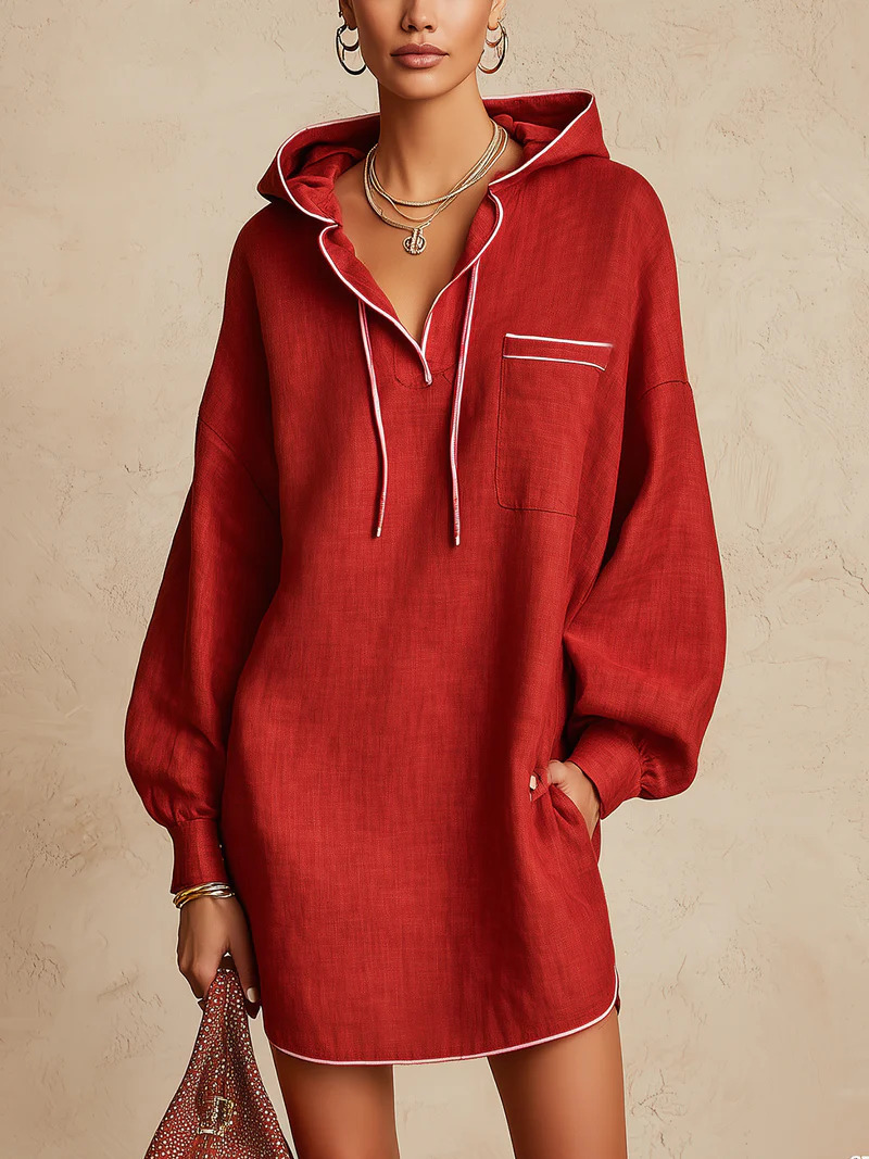 Women's Drawstring Long Sleeve Midi Hooded Sweatshirt Dress Textured Cotton Linen Casual