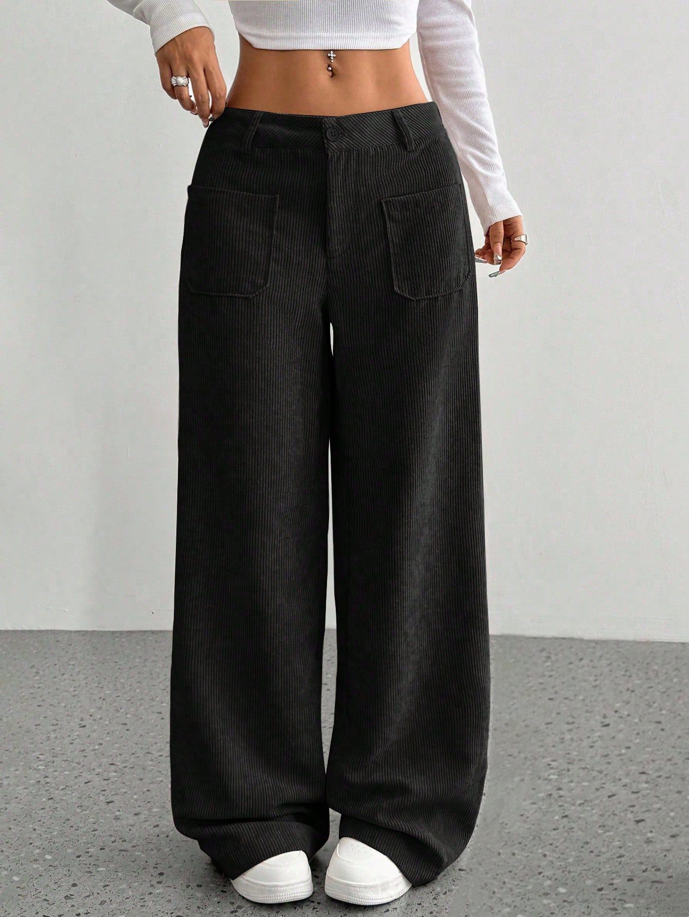 Corduroy Wide-Leg Pants for Women, Loose Fit, Front and Back Pockets, Solid Color