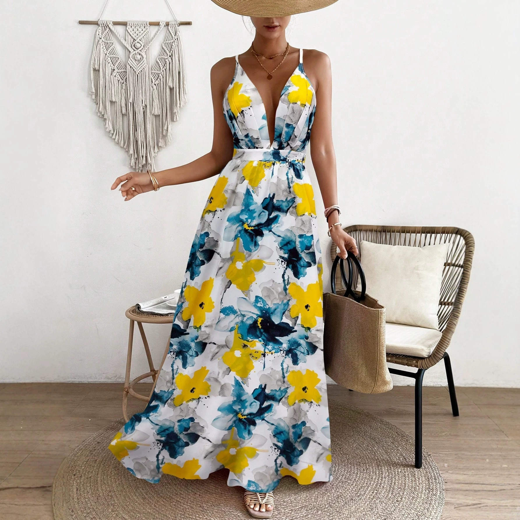 Tie-Dye Rainbow Print Halter Maxi Dress Backless