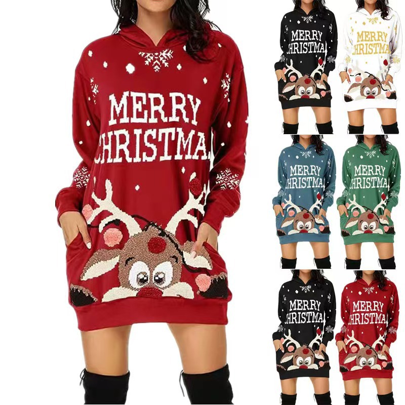 Christmas Print Hooded Sweatshirt Dress with Pockets