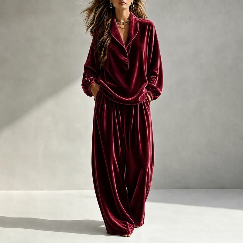Women's Two-Piece Long Sleeve Collared Top and Wide-Leg Pants Set
