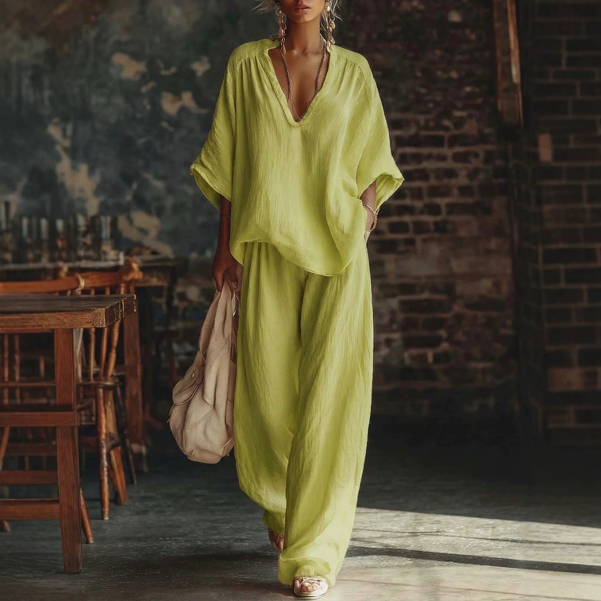 Women's Casual Solid V-Neck Short-Sleeve Top & Pants Two-Piece Set