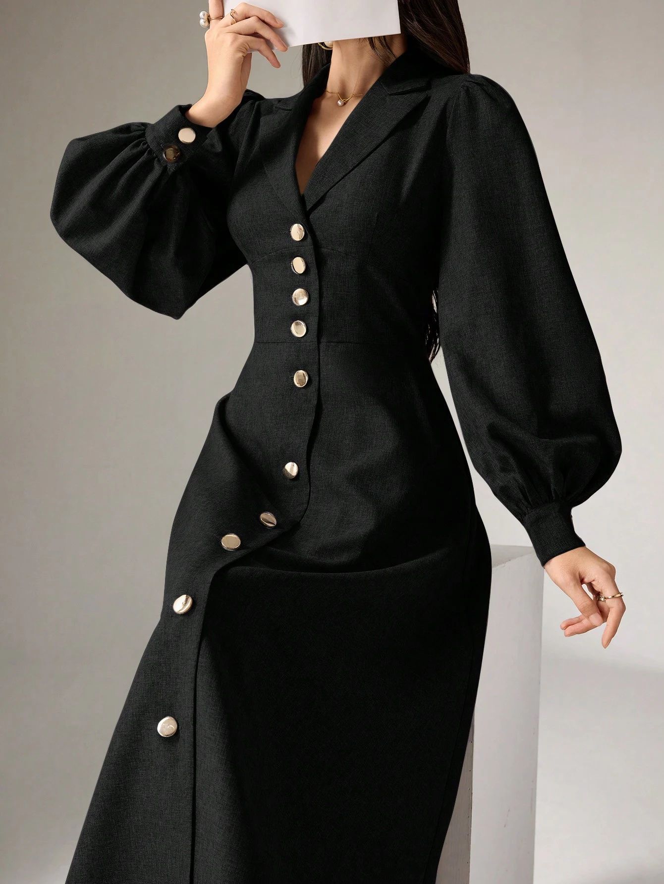 Women's Solid Color Lantern Sleeve V-Neck Long Dress
