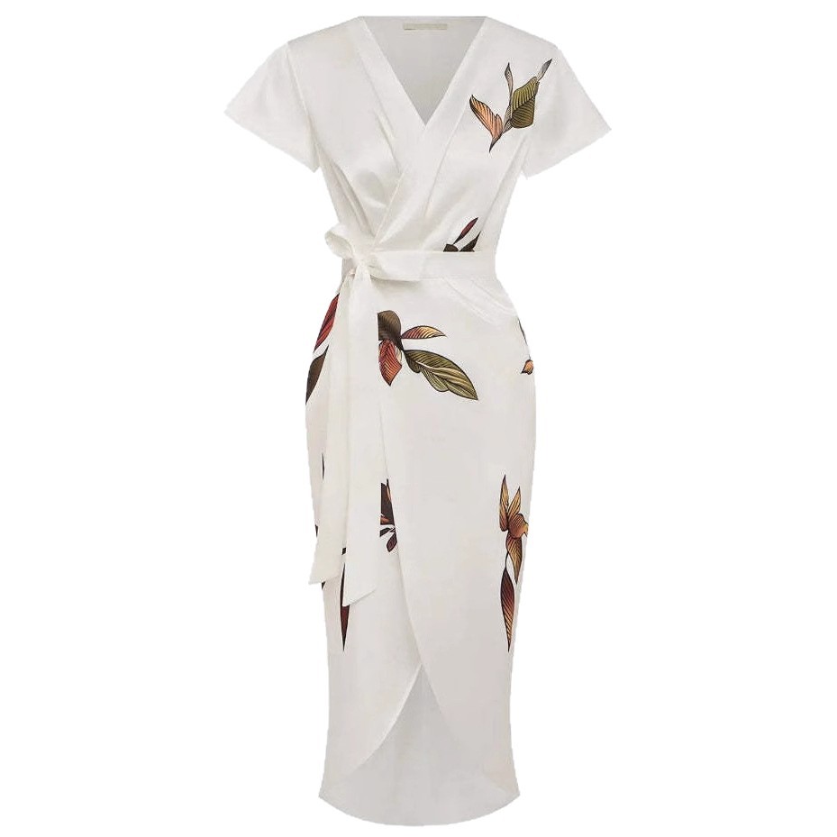 Satin Belted V-Neck Print Long Dress