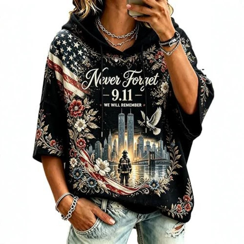 Women's Casual Hoodie with American Twin Towers Print