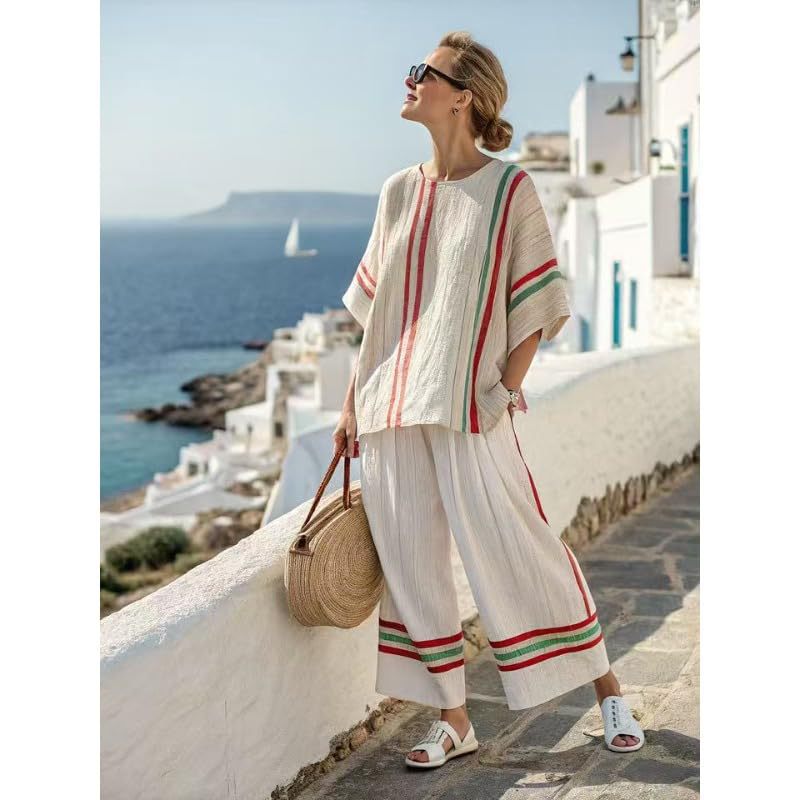 Bohemian Print Crewneck Short Sleeve Top and Pants Casual Set