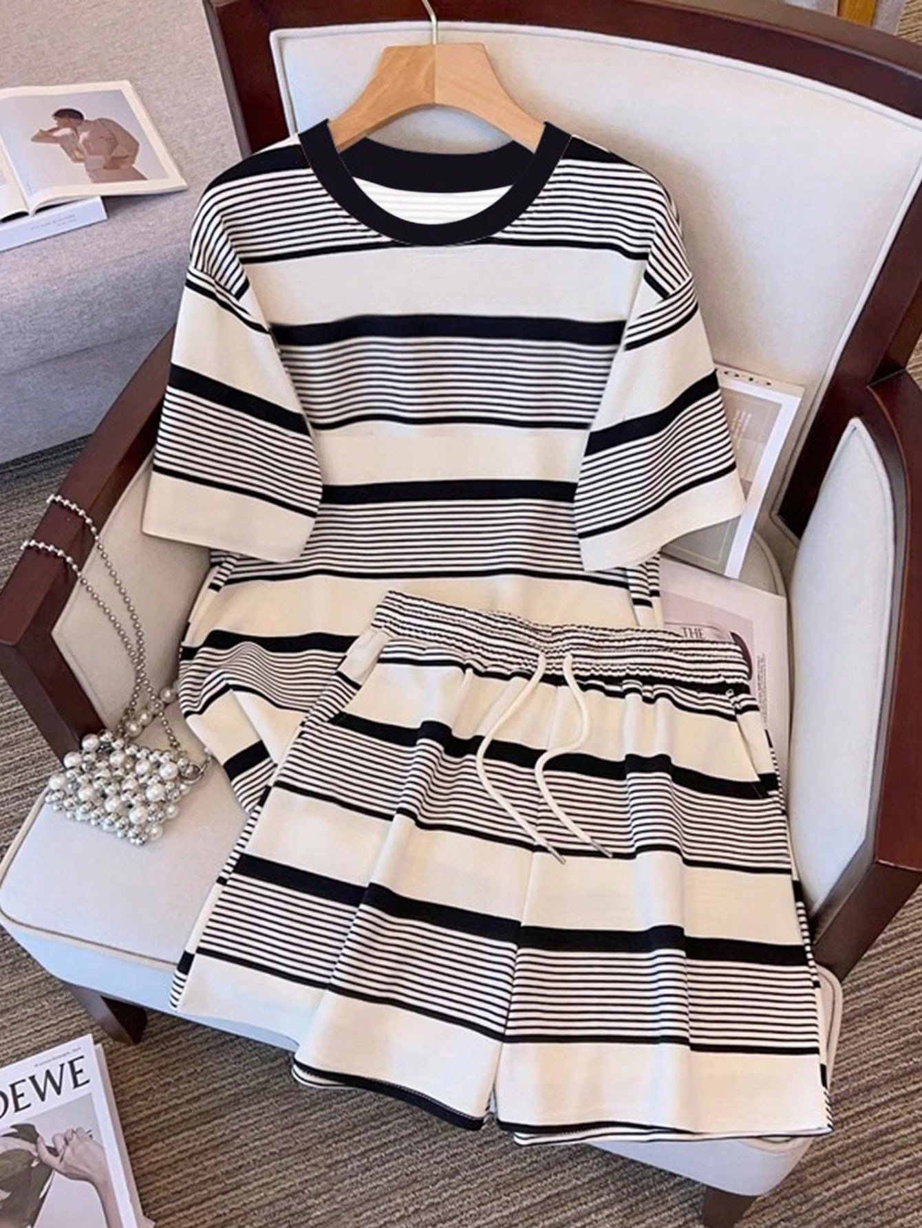 Striped Shorts and Fitted Top Set with Tie Waist