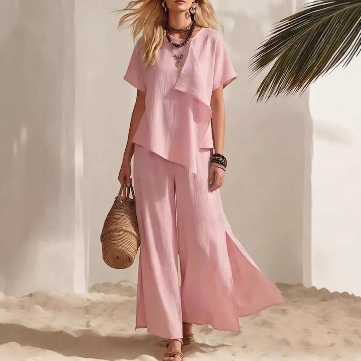 Women's Casual Asymmetric Short Sleeve Top and Slit Wide Leg Pants Set