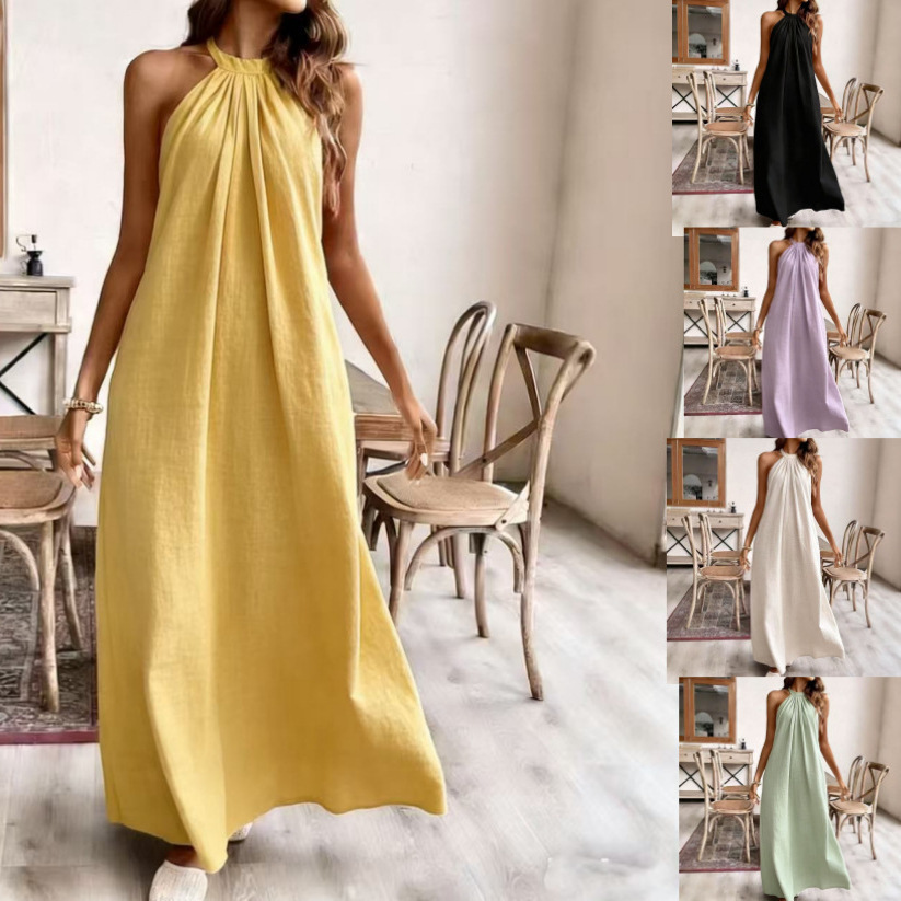 Solid Color Loose Halter Neck Summer Dress Casual Vacation A-Line Midi Dress