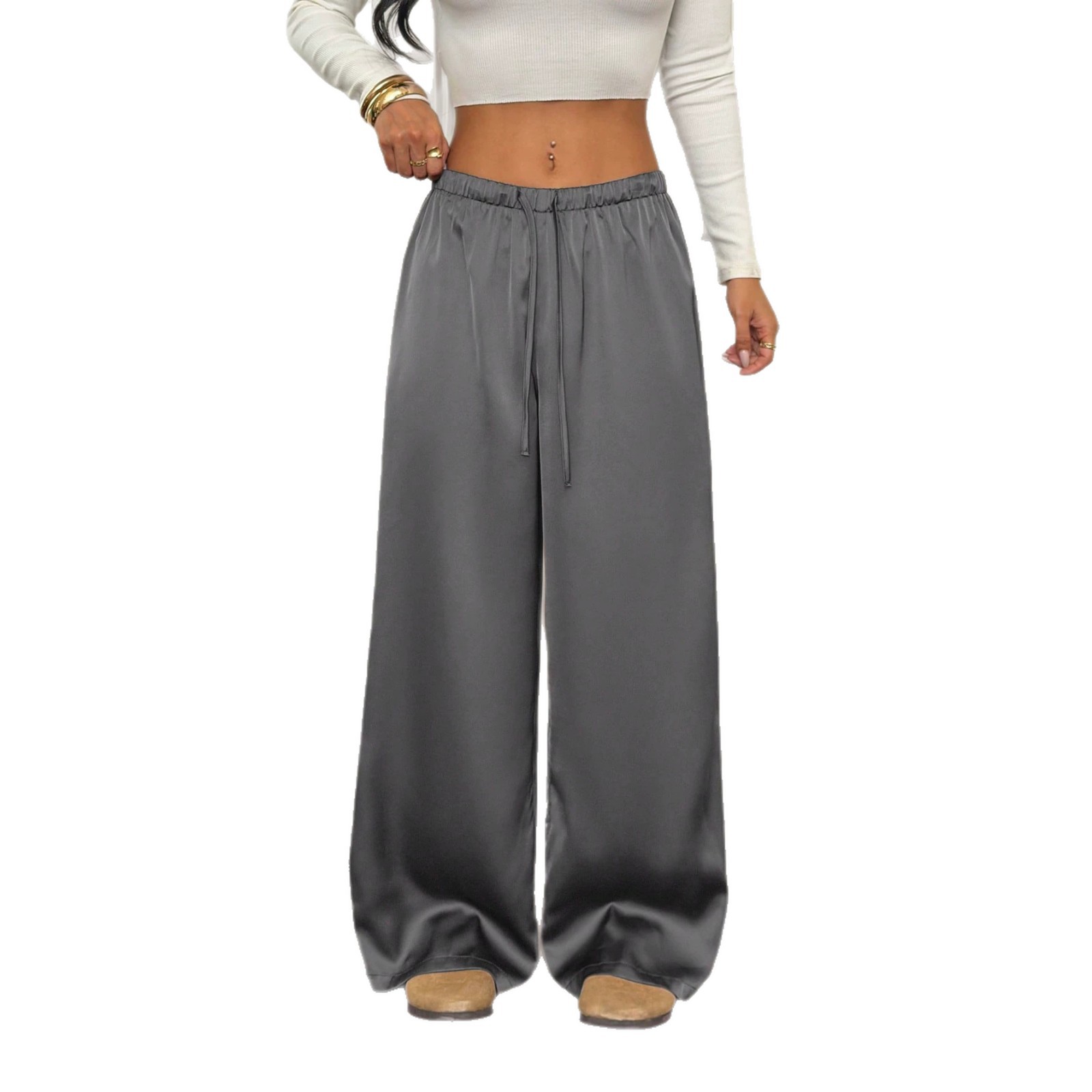 Satin High-Waist Wide-Leg Pants for Women, Loose Casual Drape