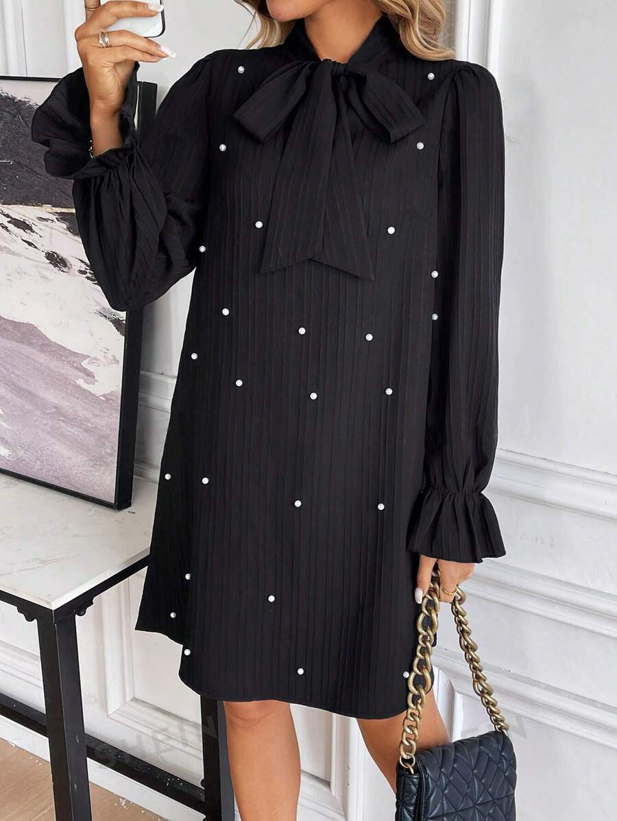 Women's Long Sleeve Solid Color Dress with Ribbon and Beaded Details