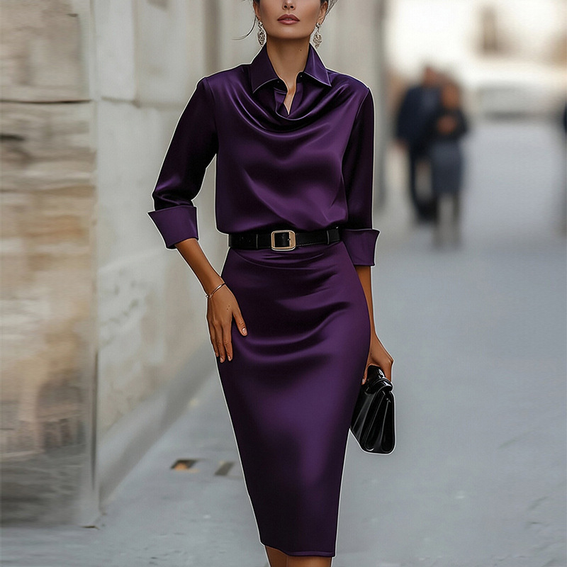 French Elegant Slim-Fit Solid Belted Bodycon Dress