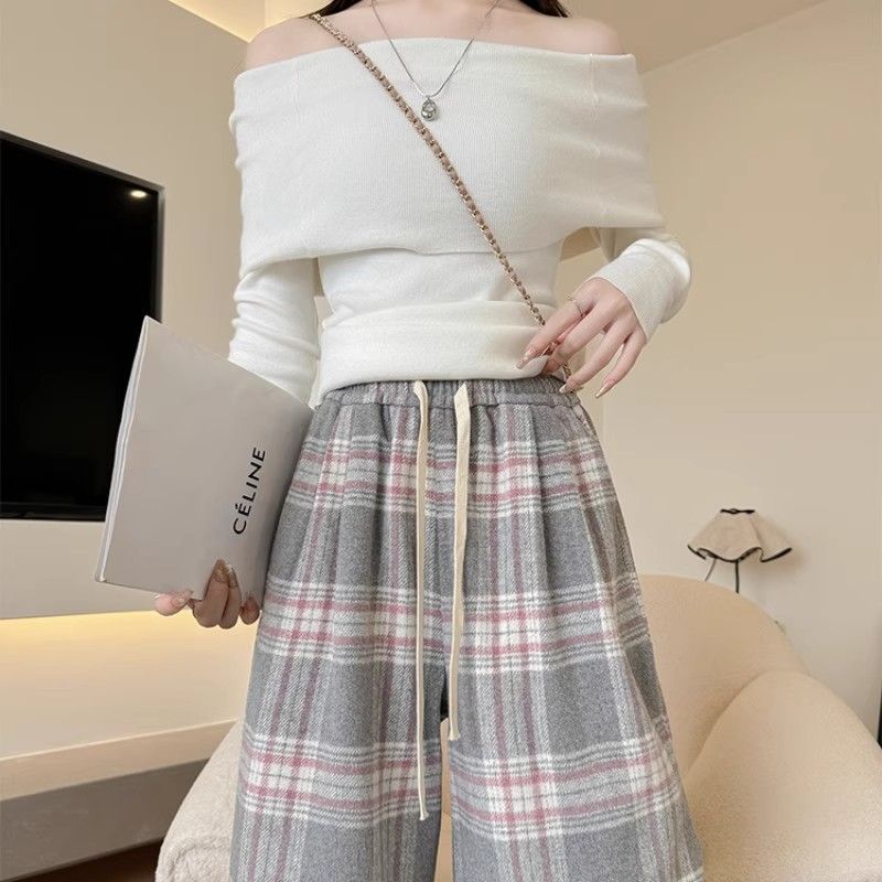 Gray Plaid High-Waist Straight-Leg Wide-Leg Wool-Blend Pants for Women