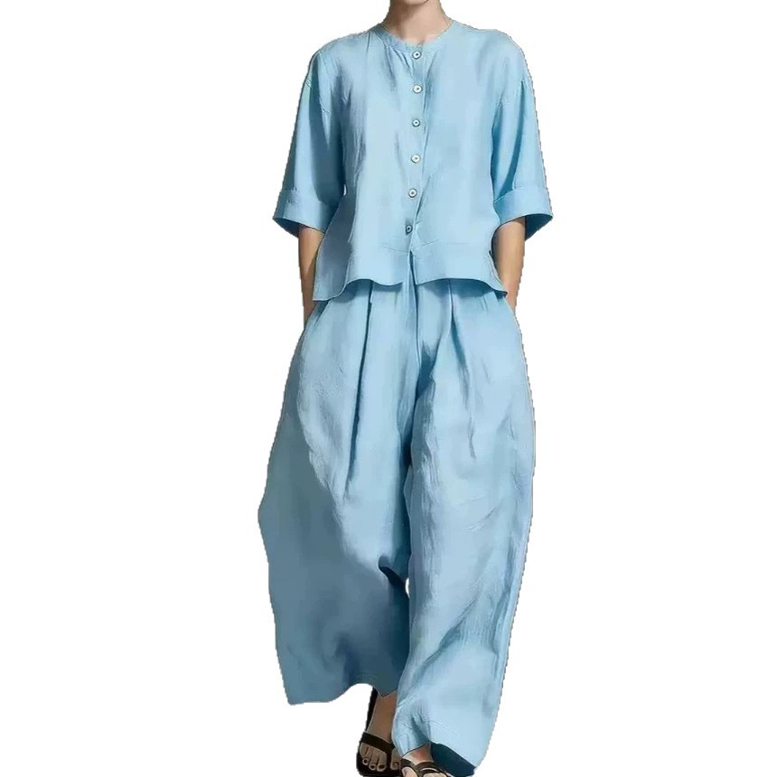 Women's Casual Solid Cotton-Linen Shirt and Loose Pants Two-Piece Set