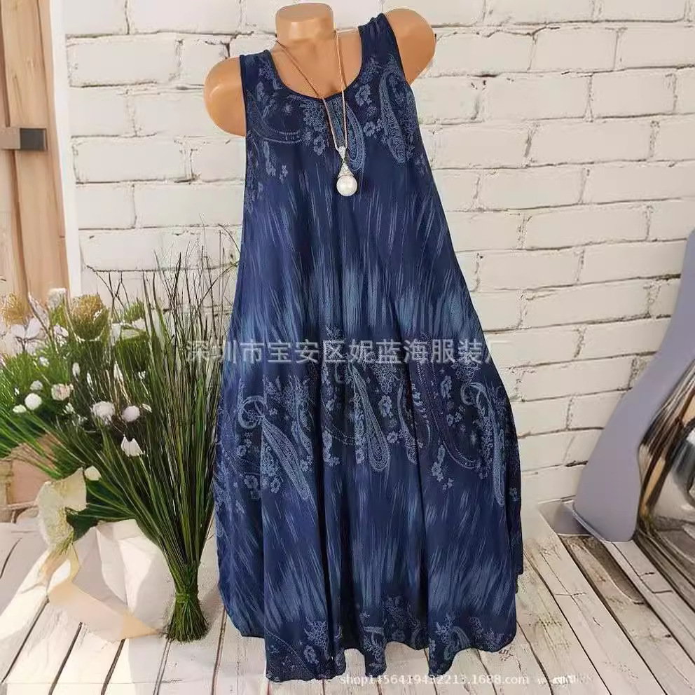 Women's Summer Round Neck Print Flared Midi Dress