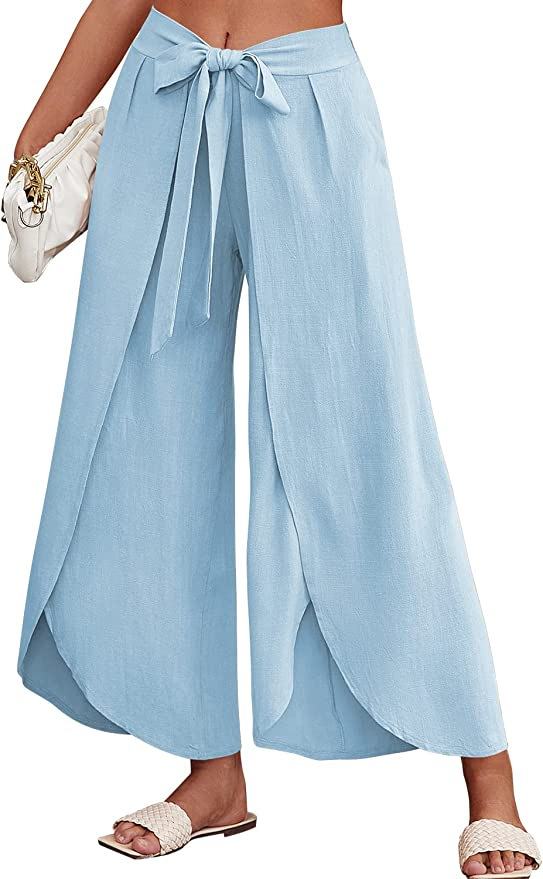 Boho High-Waist Split Wide-Leg Pants with Belt