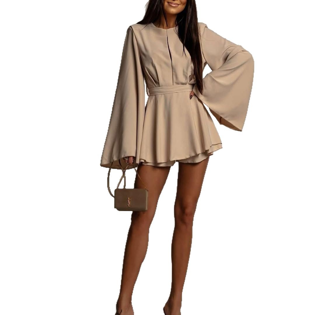 Women's Open-Back A-Line Mini Dress with Waist Tie and Flared Sleeves