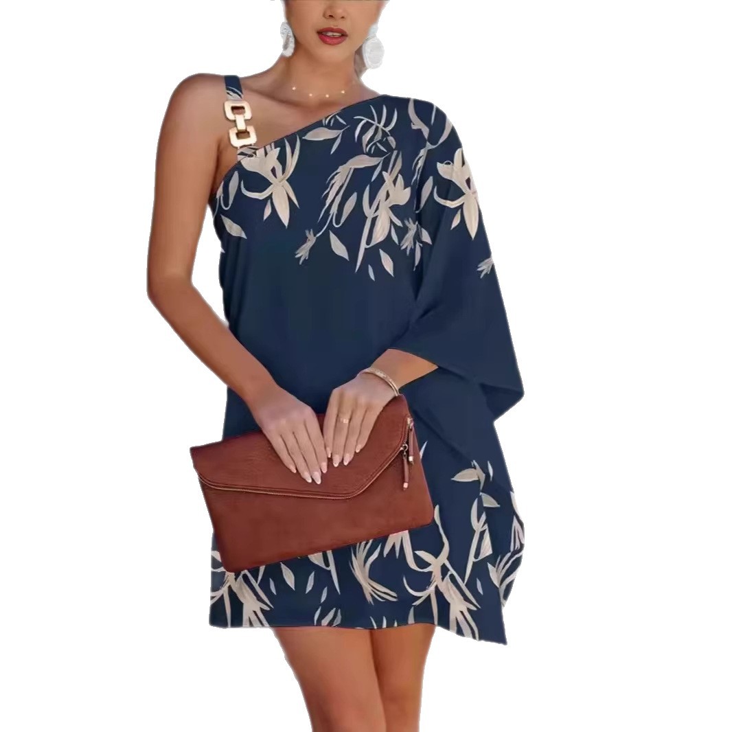 Women's Floral Print One-Shoulder Loose A-Line Dress