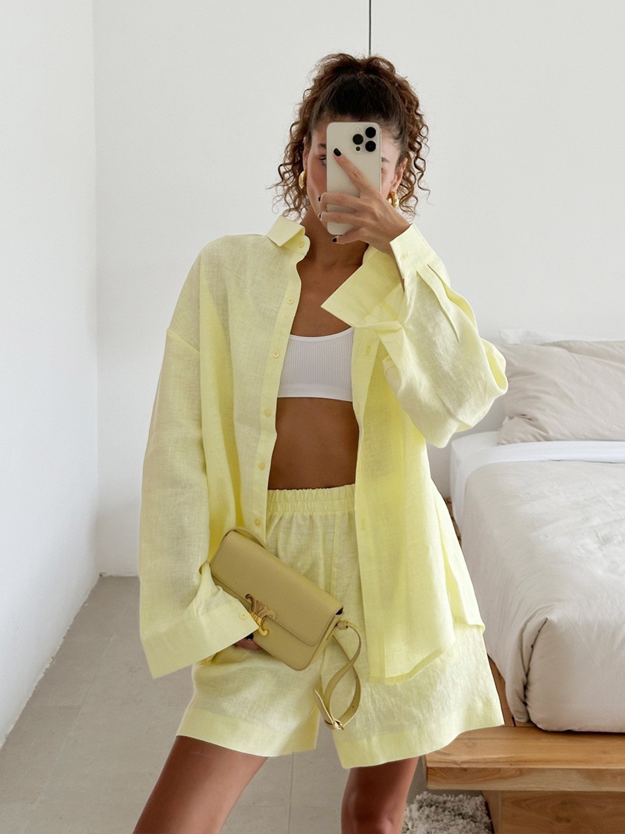 Long Sleeve Button Cardigan and Shorts Set Solid Color Casual