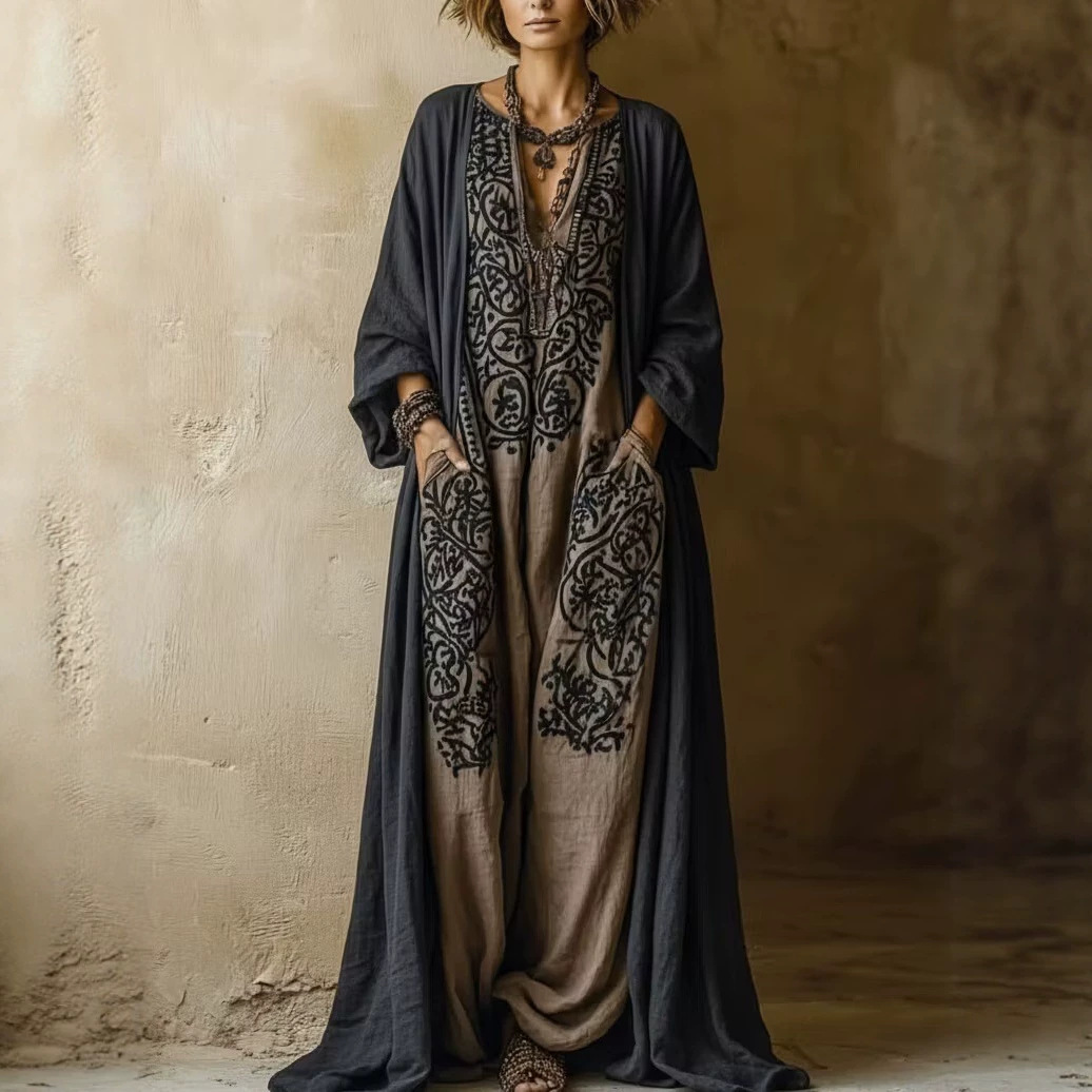 Bohemian Print Cardigan Two-Piece Dress Set Long Sleeve Blue