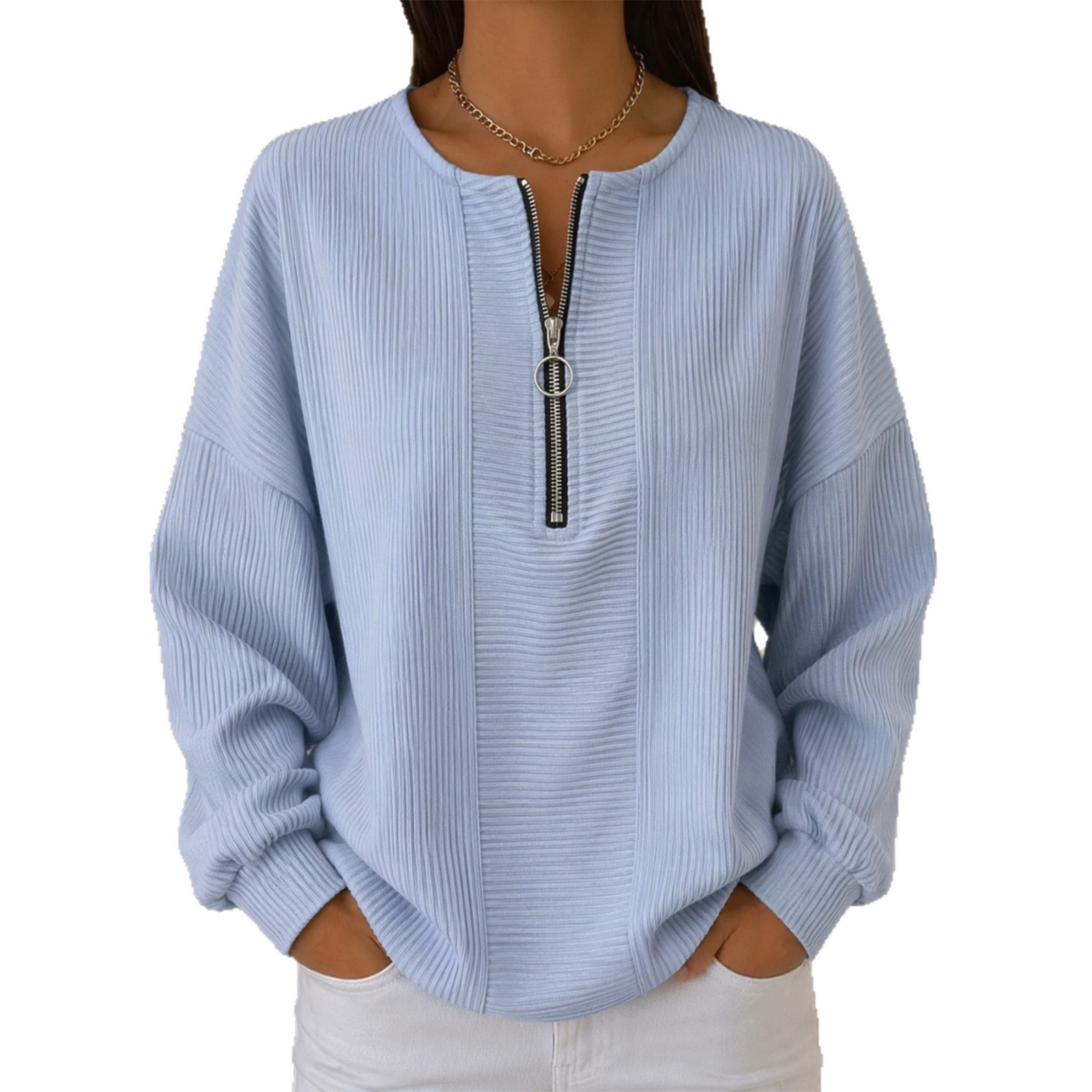 Snake-Textured Half-Zip Crewneck Loose Long-Sleeve Top for Women