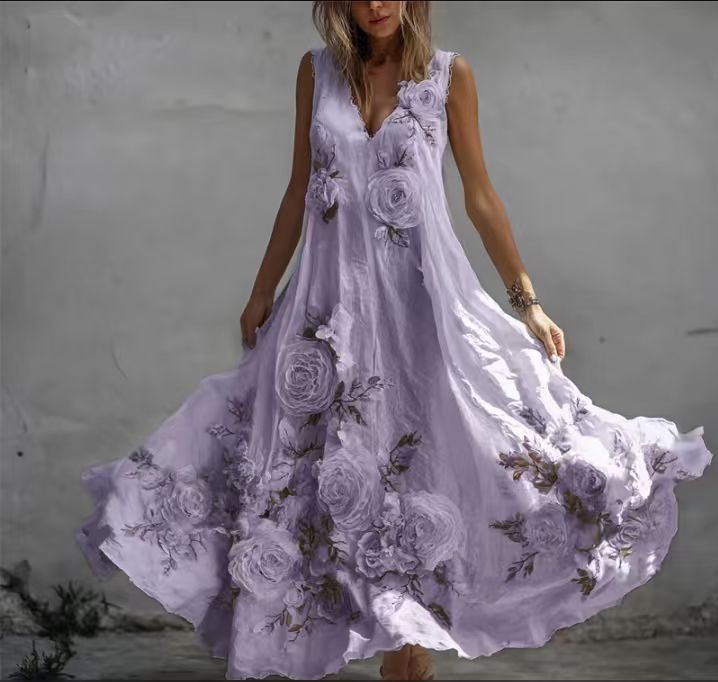 Women's Printed Sleeveless V-Neck Long Dress