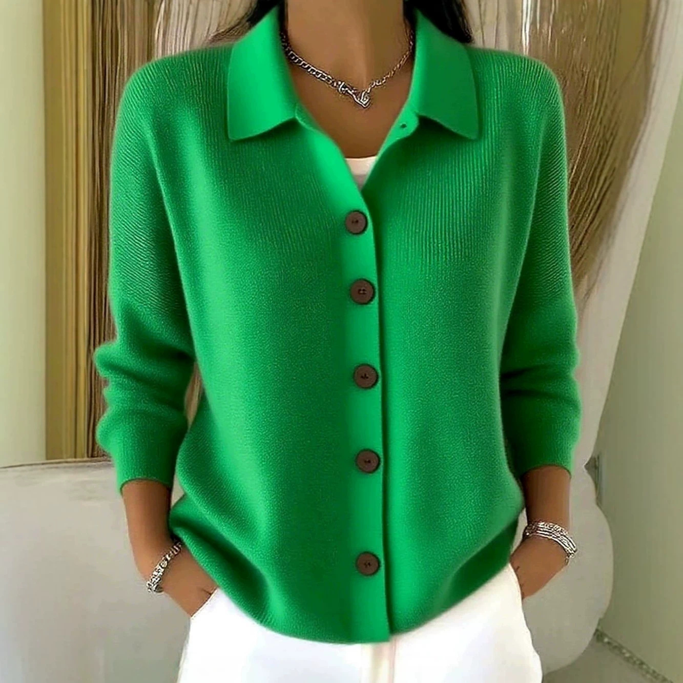 Polo Collar Button-Front Knit Cardigan Sweater