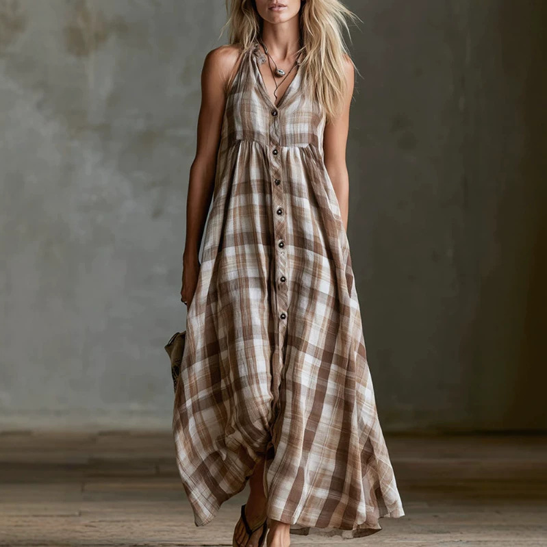 Retro Brown & White Plaid Sleeveless V-Neck High-Waist Long Dress