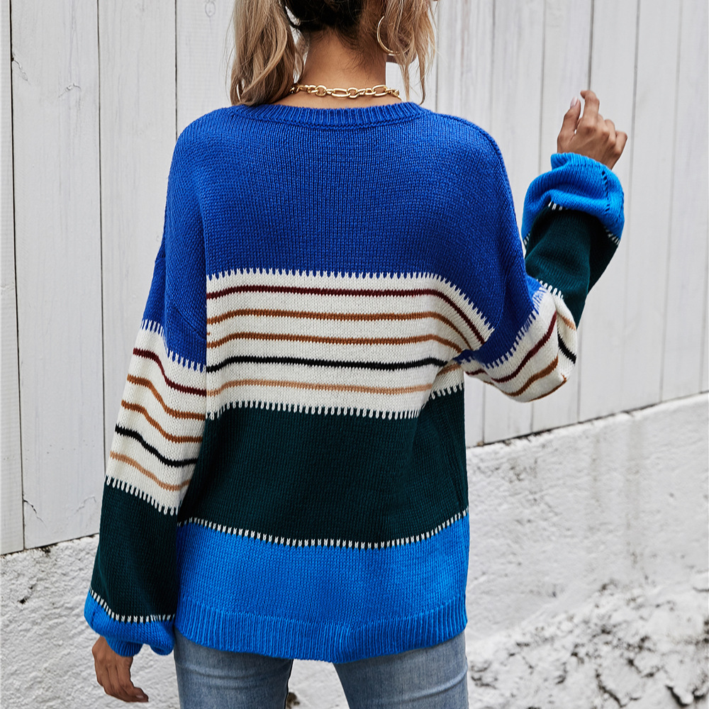 Color-Block Striped Crewneck Pullover Sweater Women's Loose Knit