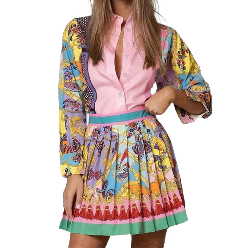 Floral Print Long Sleeve Shirt and Pleated Skirt Two-Piece Set