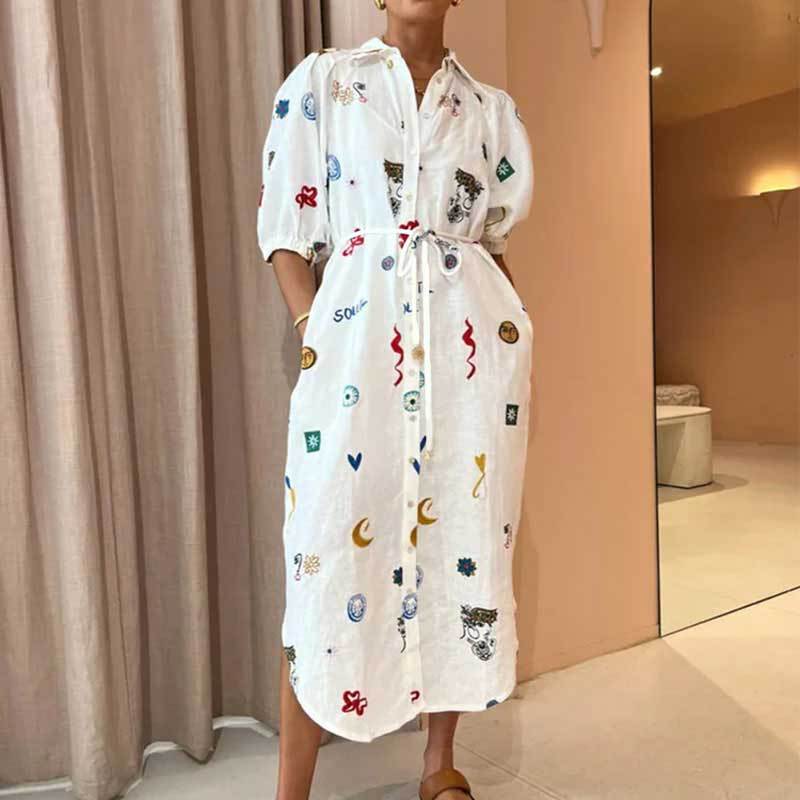 Floral Print Midi Dress with Collar and Tie Waist